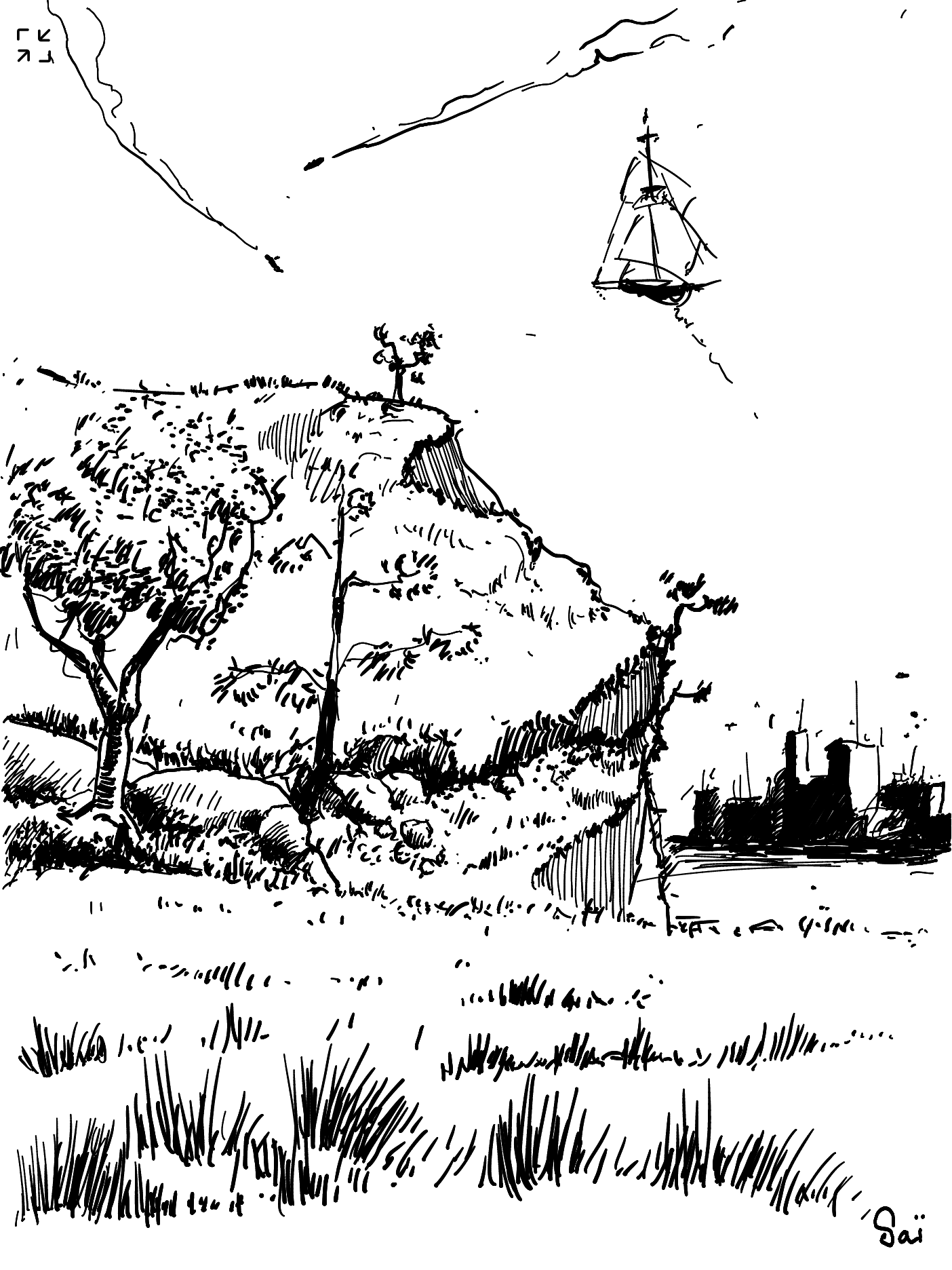 Un petit paysage herbacé avec un bateau qui vole et une ville au loin.