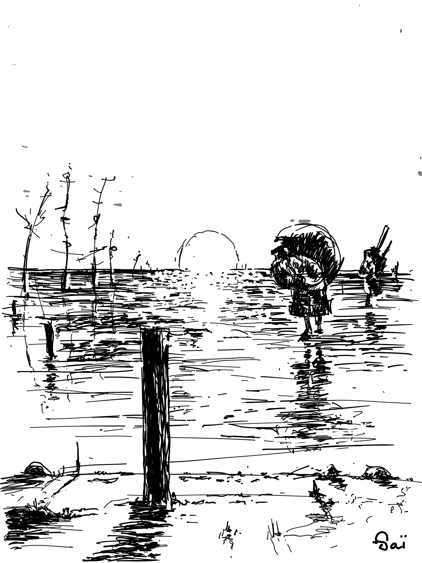 Un dessin avec un personnage a droite qui porte une lourde charge, voûté, et à gauche des sortes de structures fines nimbées de lumière.
Un soleil couchant fait scintiller la plage. Il y a des poteaux qui se reflètent.