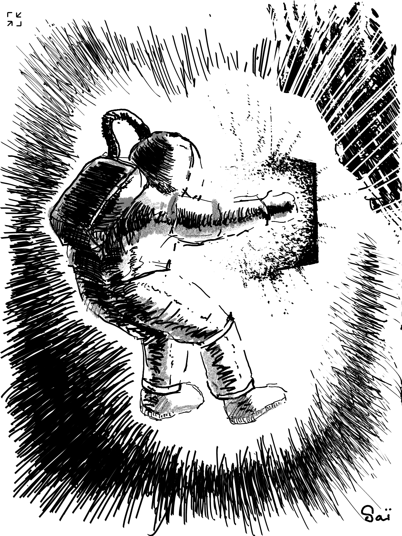 Dessin en noir et blanc montrant astronaute qui porte un artefact très lumineux 