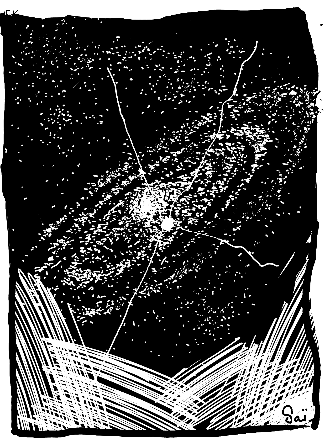 Un dessin noir et blanc avec une galaxie et un petit point blanc comme une déchirure. Dans le bas du dessin des hachures blanches je sais pas trop pourquoi