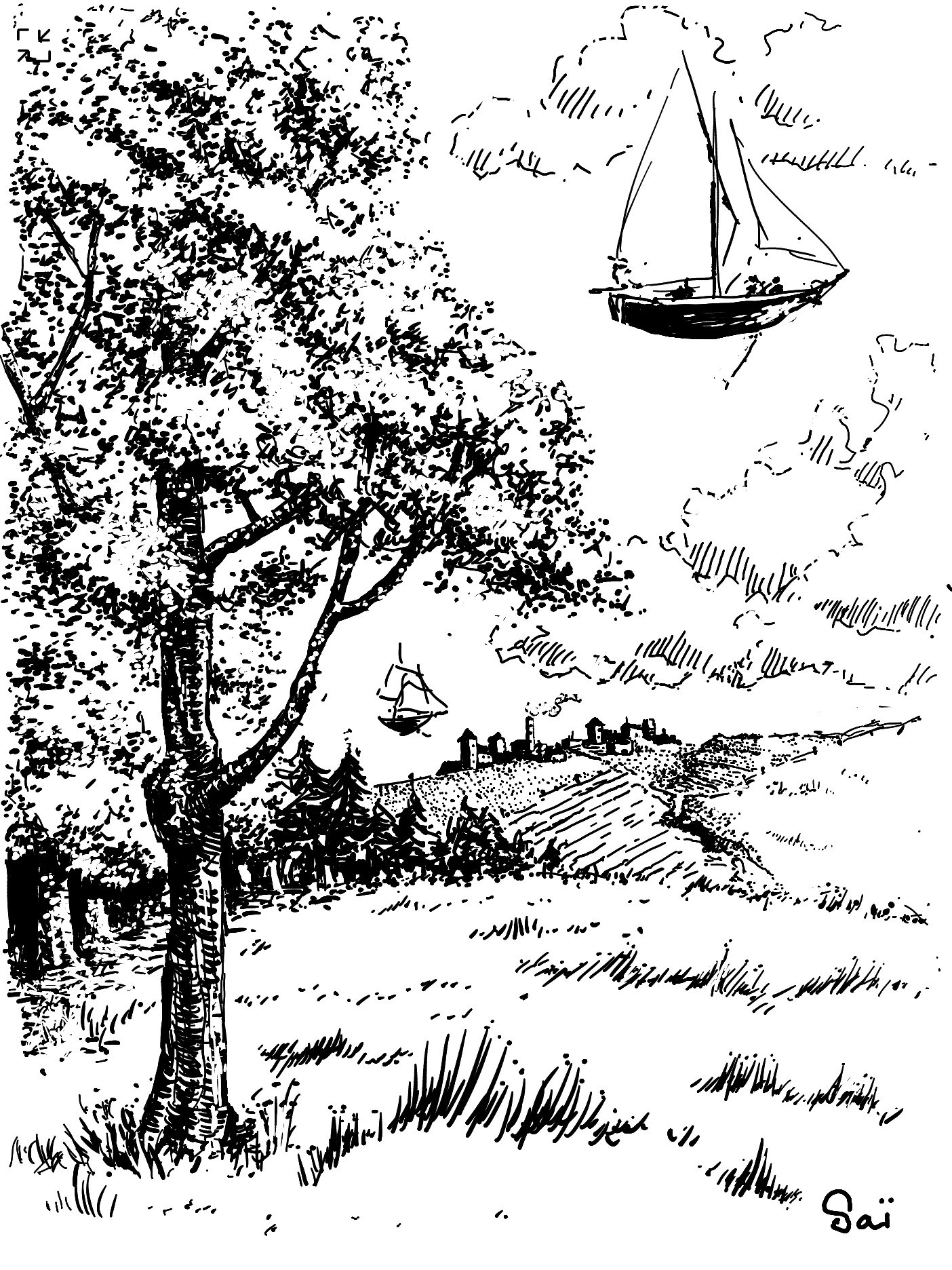 Un dessin à la plume en noir et blanc, avec une forêt à gauche et des bateaux qui volent. Au loin un village et des champs.