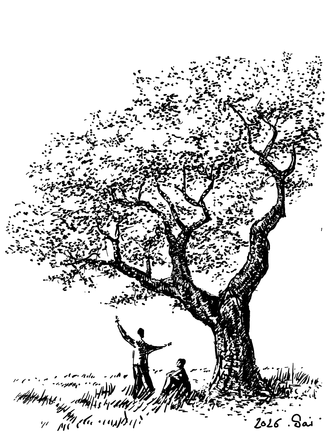 Dessin a la plume où l'on voit deux personnes sous un viel arbre, probablement un chêne. Une des deux est assise l'autre fait de grands gestes.