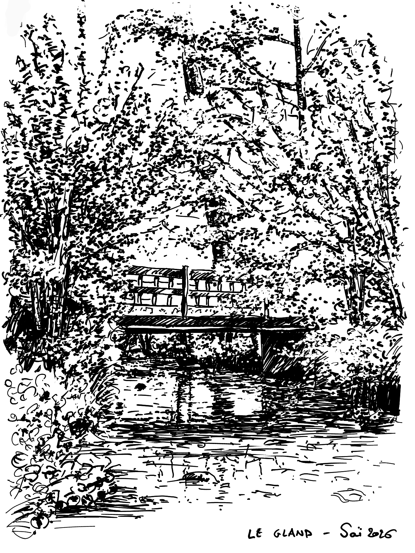 Un dessin en noir et blanc avec un point sur une petite rivière et des arbres. 
Le dessinateur aime visiblement bien passer des heures à faire des petits points pour les feuilles. C'est un peu impressionniste.